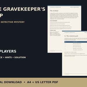 Könnte beinhalten: The Gravekeeper's Map Gothic-Detektiv-Rätselspiel für 1-4 Spieler. Enthält zwei cremefarbene Seiten mit dunkelblauem Text und Überschriften, darunter The Incident, Your Assignment, Evidence Index und A / The cemetery grid.
