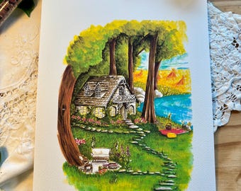 illustration cottage été echantée — Aquarelle féerique — Décoration murale campagne magique — Univers witchy