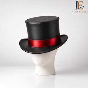 Black Red Top Hat, Leather Look Ringmaster Hat, Gothic Magician Circus Festival Costume Hat