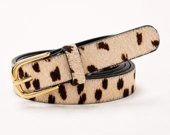 Women's Leopard Print Skinny Belt with Gold Buckle, Animal Print Leather Waist Belt for Dresses and Jeans