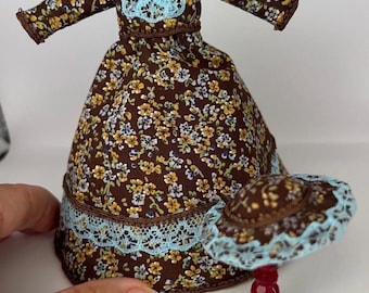 Floral brown set, dress and bag, miniature for dollhouse