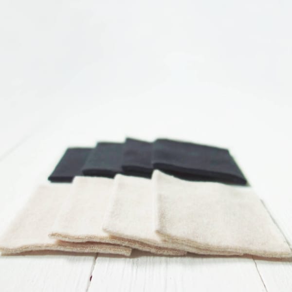 SQUARE reusable Facial "rounds", black + unbleached / soft "Reusable Cotton Rounds" - set of 8, zero waste, plasticfree, washable, organic