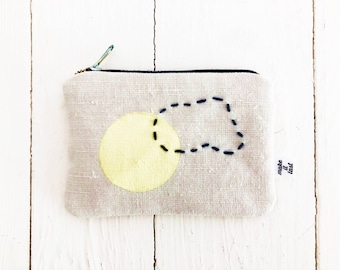 Zippered Coin Purse with Print + Embroidery / handwoven linen + cotton / low waste + vegan