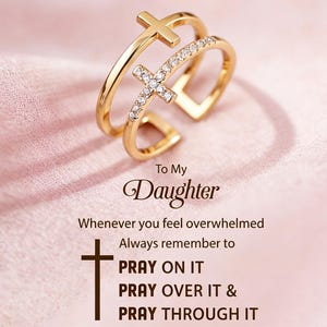 För dotter, be genom det dubbel korsring, kristna religiösa smycken i sterlingsilver