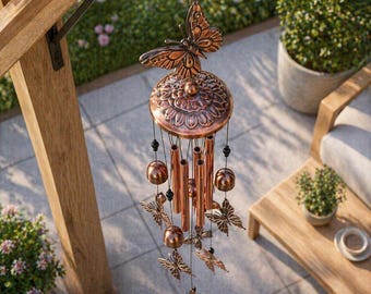 Campana de viento retro de metal con forma de mariposa y pájaro, decoración de jardín exterior de cobre.
