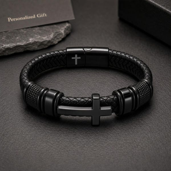 Personalized Men's Leather Cross Bracelet, Custom Engraved Black Bracelet, Braided Leather Bracelet, Gift for Him