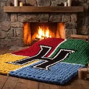 Op de afbeelding: Een grof gebreide deken met een grote zwarte letter H in het midden van een ontwerp met vier kwadranten. De deken is verdeeld in secties van geel, rood, groen en blauw garen, waarbij de zwarte letter H wit is omlijnd voor een opvallend patroon.
