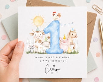 May include: A square greeting card featuring a watercolor illustration of farm animals including a cow, sheep, pig, horse, mouse, chicken, and chick wearing party hats around a large blue number one. Text reads Happy First Birthday To A Wonderful Son Callum.