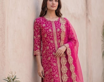 Chinon Silk Rakhi Special Indian Christmas Zari Work Kurti Sharara Set With Dupatta for Christmas Wear