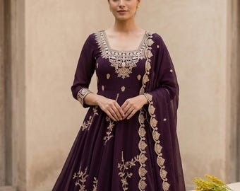Frauen Lila Zari Weben Lange Ausgestellter Anarkali Anzug | Hochzeitsempfangskleid 3-tlg Designer Anzug Long Flared Kurti XXs -XXl
