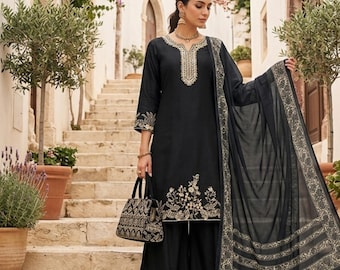 Czarny Rakhi, specjalny, modny, designerski zestaw Kurti Palazzo z Dupattą. Z Dupattą na świąteczne okazje.