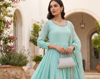 Himmelblau bereit zu tragen Anarkali Anzug Lange Ausgestelltes Anarkali Kleid Anzug Punjabi indische Hochzeitsfeier Kleid Anzug Kurta Pyjama