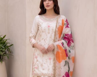 Designer White Pure Chinon Silk Sharara Set, Floral Dupatta, Senseuche Stickerei