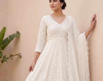Biała suknia Anarkali, pakistański salwar kameez, indyjski komplet ślubny, suknia gotowa do noszenia, sekwencja haftowanych anarkali, XXS - XXL