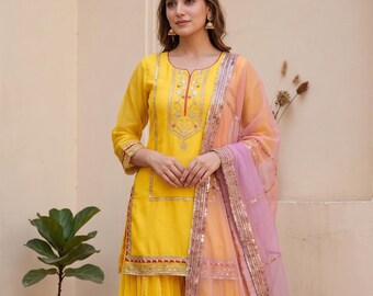 Żółty garnitur z jedwabiu Sharara z organzy, haftowany zestaw Kurti Palazzo Dupatta