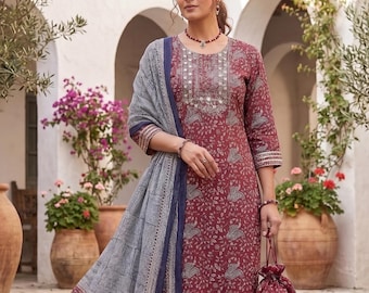 Designerski różowy zestaw Salwar Kameez, haft z sekwencją Mal Chanderi Palazzo Dupatta