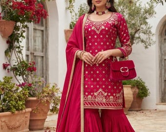 Gesticktes Pink Sharara Anzug Set für Frauen, Party Hochzeit Tragen Pakistanische Outfit