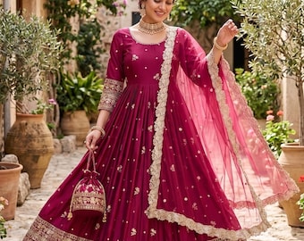 Nowy strój ślubny Gulabi Jaipur Różowy garnitur Anarkali w stylu Desi Punjabi, indyjskie przyjęcie weselne, długa rozkloszowana suknia, męski garnitur kurta pajama
