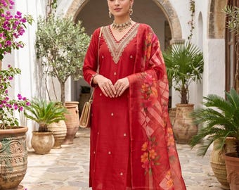 Rzymski jedwabny garnitur ślubny Salwar Kameez. Gotowy do noszenia dla niej Kurta Kurti zestaw pomarańczowy Sukienki, 3-częściowy zestaw etniczny z Duppatta