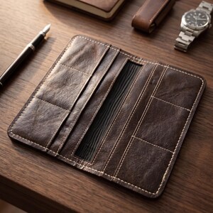 May include: A dark brown leather long wallet featuring a textured surface with visible stitching along the edges. The interior is open, revealing multiple vertical card slots on both the left and right sides and a central compartment with a black lining.