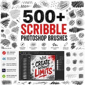 May include: A digital collection of 500+ scribble Photoshop brushes featuring black hand-drawn marks, textures, and doodles. The image displays a software interface showing a canvas with the text Create Without Limits in black and red ink.