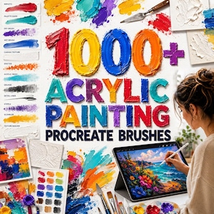 Könnte beinhalten: Eine digitale Sammlung von 1000+ Procreate-Pinseln für Acrylmalerei mit farbenfrohen, strukturierten Pinselstrichen, einem Palettenmesser und einem Tablet, das ein lebendiges Landschaftsgemälde mit Blumen und einer Küste zeigt.