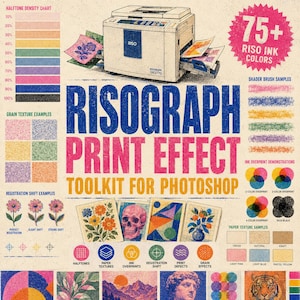 Risograph Print Effect Toolkit for Photoshop | 75+ Riso Ink Colors, Halftone Texture,Retro Print Effect, Vintage Poster Creator, Paper Grain