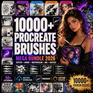 Könnte beinhalten: Werbung für ein digitales Kunstpaket. Das Bild zeigt eine Frau, die ein Tablet mit digitaler Kunst hält. Der Text lautet "10000+ Procreate Brushes Mega Bundle 2026". Enthält Kategorien wie Tattoo, Anime, Aquarell, Tinte und Skizzen.