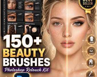 Más de 150 pinceles de belleza para Photoshop | Pincel para retoque de piel, reflejos en los ojos, pincel para pestañas, pinceles para cabello y maquillaje | Kit de retoque de retratos ABR (Paquete completo)
