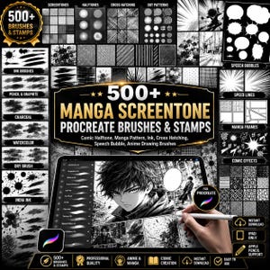 May include: A digital collection of 500+ manga screentone Procreate brushes and stamps, featuring various ink, pencil, charcoal, watercolor, and dry brush textures, along with speech bubbles, speed lines, manga frames, and comic effects.