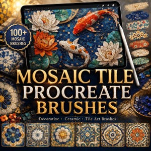 Könnte beinhalten: Ein Tablet zeigt ein Mosaikfliesen-Design mit Koi-Karpfen und Lotusblumen. Der Text lautet "MOSAIC TILE PROCREATE BRUSHES". Ein Badge zeigt "100+ MOSAIC BRUSHES". Dekorative, keramische und Fliesenkunst-Pinsel werden gezeigt.
