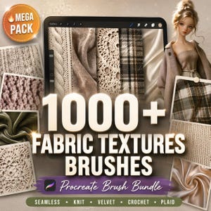 Puede incluir: Paquete de arte digital que muestra texturas de tela. La imagen presenta una tableta que muestra varios patrones de tela, incluyendo tejido de punto, terciopelo, ganchillo y cuadros. El texto dice "1000+ Fabric Textures Brushes Procreate Brush Bundle".