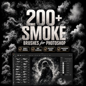 Könnte beinhalten: Eine digitale Sammlung von 200+ Rauchpinseln für Photoshop, die weiße Rauchschwaden auf schwarzem Hintergrund zeigt. Die Anzeige enthält eine Vorschau der Pinselschnittstelle mit einer Person in einer Kapuzenjacke, umgeben von einem Rauchring.