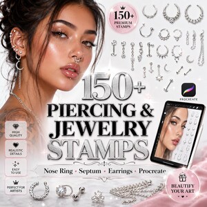 May include: An advertisement for piercing and jewellery stamps. The image features a woman with multiple piercings, a tablet displaying jewellery designs, and various jewellery pieces. Text includes "150+ Piercing & Jewellery Stamps" and "Nose Ring, Septum, Earrings, Procreate."