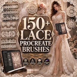 Könnte beinhalten: Werbebild für 150+ Lace Procreate Brushes. Eine Frau in einem Spitzenkleid hält ein Tablet mit Spitzendesigns. Der Text lautet "Seamless, Decorative, Fashion". Symbole für nahtlose Muster, Sofort-Download, Bonus-Palette und nur Procreate.