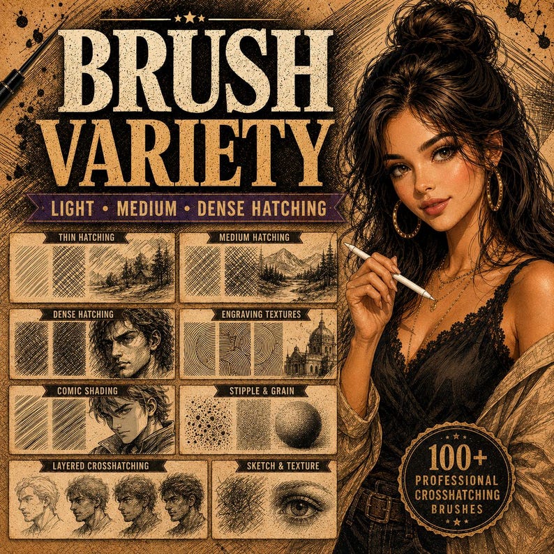 Hatching Professional 100+ Cross Hatching Procreate Brushes | Crosshatch Texture Brush Set ...