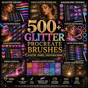 Könnte beinhalten: Werbung für ein digitales Kunstpaket mit dem Text "500+ Glitter Procreate Brushes". Das Bild zeigt verschiedene Glitzereffekte, darunter 3D-Glitzerpinsel, Glitzer-Overlays und nahtlose Glitzermuster. Die Farbpalette umfasst Gold, Rosa, Blau und Lila.