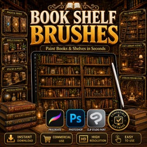 May include: A digital brush set for creating bookshelves, featuring the text "BOOK SHELF BRUSHES" and "Paint Books & Shelves in Seconds." The image displays a tablet with a stylus, software icons for Procreate, Photoshop, and Clip Studio Paint, and various library-themed graphic examples.