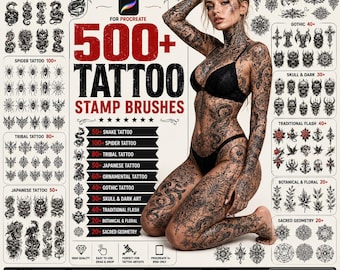 500+ Tattoo Stamp Brushes for Procreate | Snake, Spider, Japanese, Tribal, Gothic, Ornamental, Blackwork Tattoo Flash Bundle