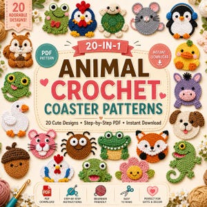 20-in-1 Animal Crochet Coaster Pattern Bundle | Cute Amigurumi Coaster PDF | Frog, Duck, Turtle, Penguin, Mouse, Goose, Donkey, Lizard &more