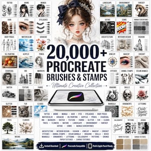 20000+ Procreate Brushes Bundle & Stamp Collection | Tattoo, Anime, Hair, Eyes, Body Pose, Watercolor, Oil Painting, Fantasy, Nature Fashion