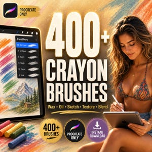 Könnte beinhalten: Digitale Kunstzubehör für Procreate. Das Bild zeigt ein Tablet, das eine Crayon-Pinselbibliothek mit dem Text "400+ Crayon Brushes" anzeigt. Das Bild enthält auch eine Frau, die einen Stift und ein Tablet hält, sowie eine Reihe farbiger Kreiden.