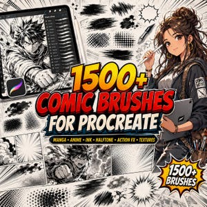 May include: A digital collection of 1500+ comic brushes for Procreate, featuring manga-style illustrations, ink textures, halftone patterns, and action effects. The display includes an anime character, a tablet interface, and bold text.