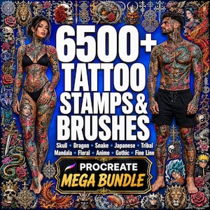 Könnte beinhalten: Eine digitale Sammlung von 6500+ Tattoo-Stempeln und Pinseln für Procreate, mit blauem Hintergrund, Text und Bildern von zwei Personen, die mit farbenfrohen, komplexen Tattoo-Designs wie Totenköpfen, Drachen und Blumenmustern bedeckt sind.