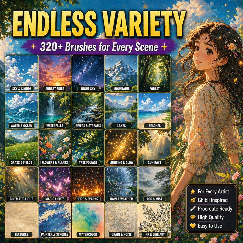 320+ Ghibli Inspired Procreate Brushes | Anime Background, Nature, Sky ...