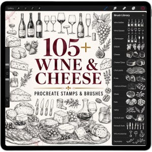 May include: A digital brush library interface for Procreate featuring 105+ wine and cheese themed stamps. The display shows detailed black and white ink-style illustrations of wine bottles, glasses, grapes, cheese, bread, and serving tools.