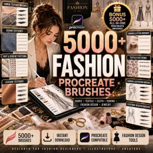 May include: A digital collection of 5000+ fashion Procreate brushes featuring fabric, denim, knit, crochet, leather, sewing, stitch, and textile patterns. The set includes fashion illustration and clothing design tools for digital artists.