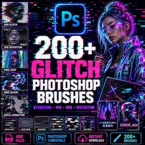 May include: A digital art graphic with a cyberpunk theme. The image features a woman with futuristic glasses and a tablet, surrounded by glitch effects and the text "200+ GLITCH PHOTOSHOP BRUSHES". Additional text includes "CYBERPUNK", "VHS", and "RGB".