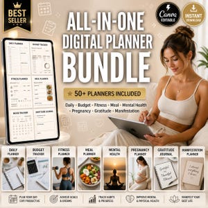 Könnte beinhalten: Ein All-in-One Digital Planner Bundle mit über 50 Planern, darunter Tages-, Budget-, Fitness-, Mahlzeiten-, Mental Health-, Schwangerschafts-, Dankbarkeits- und Manifestationsplaner. Das Bild zeigt eine Frau, die ein Tablet benutzt.