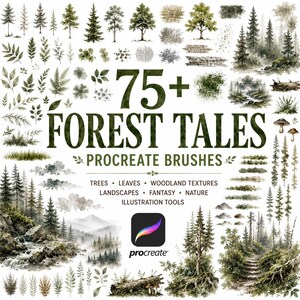 May include: A digital collection of 75+ Forest Tales Procreate brushes featuring various watercolour-style illustrations of trees, leaves, woodland textures, landscapes, and nature elements, with the Procreate logo and descriptive text included.